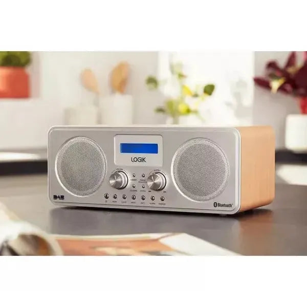 Logik Portable LCD Display DAB+ FM Bluetooth Aux-In Radio Silver/Wood L75DAB20